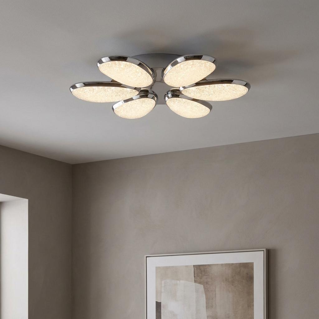 Lori 6 Light LED Chrome and crushed ice effect ceiling flush light mounted in a modern living space.