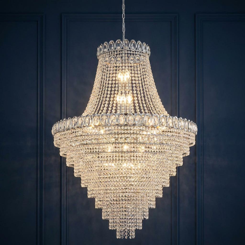 Large chrome and crystal tiered chandelier hanging against a dark blue paneled wall.