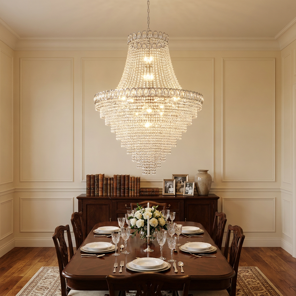 Grand tiered crystal chandelier illuminating a formal dining table in an elegant room.