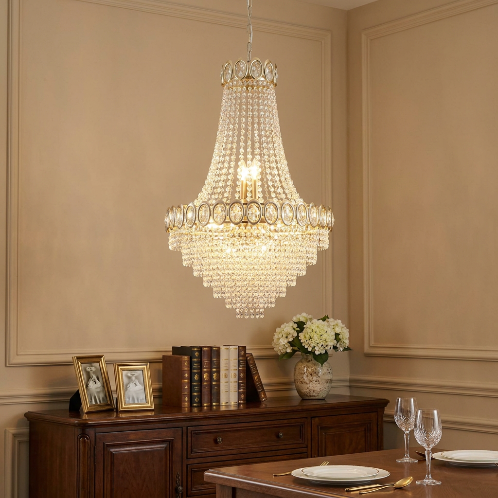 An illuminated crystal chandelier with a satin brass frame hanging in an elegant dining room.