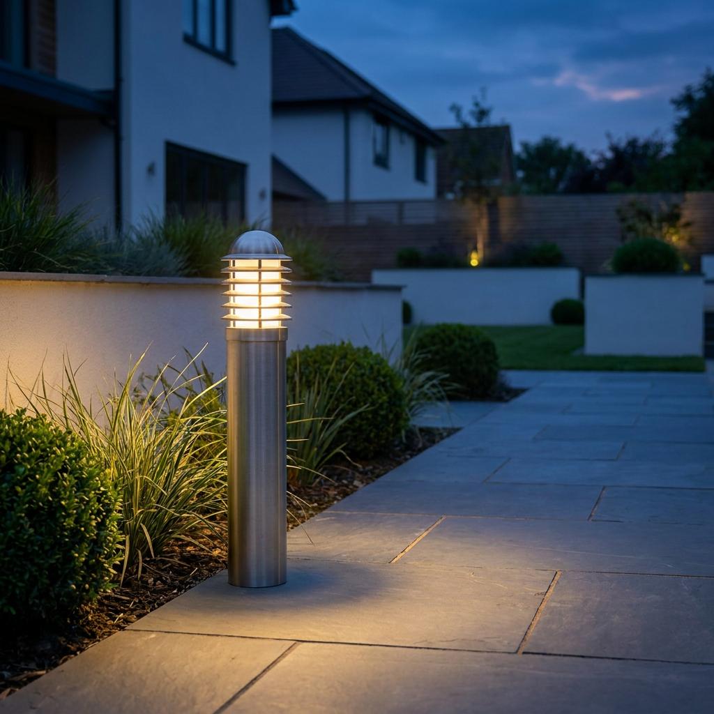 Louvred stainless steel bollard light illuminating a paved garden walkway at dusk.