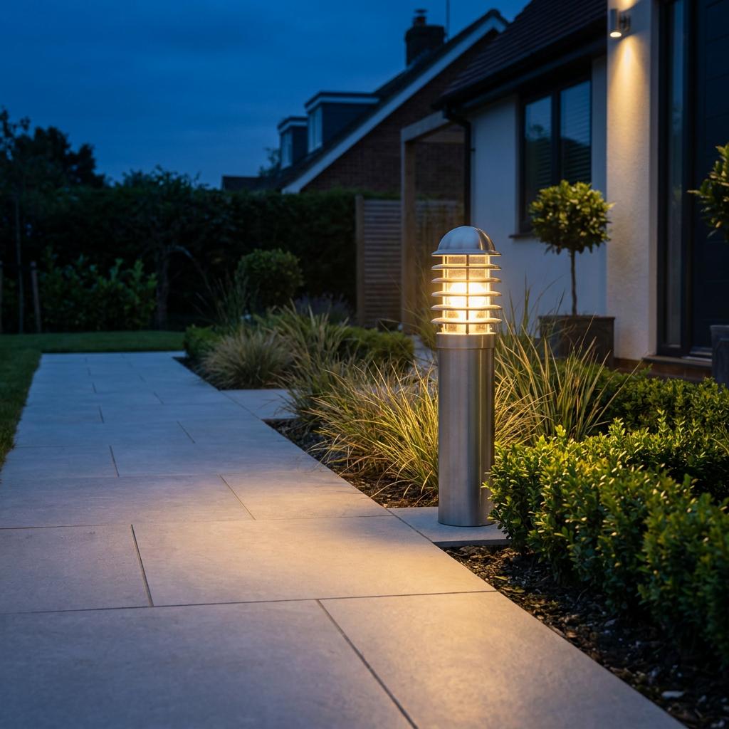 Illuminated stainless steel louvred bollard light on a stone garden path at dusk.