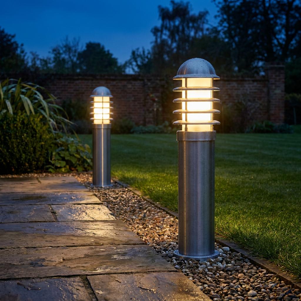 Two illuminated stainless steel louvre bollard lights lining a wet stone garden path at twilight.