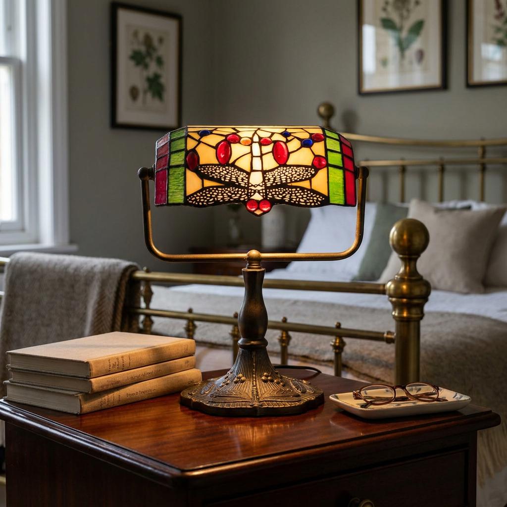 A dragonfly Tiffany bankers lamp sits on a wooden bedside table beside a stack of books in a bedroom setting.