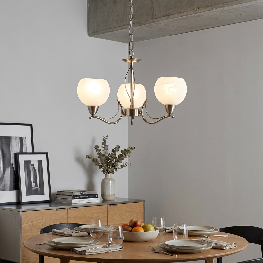 Luanda 3-light antique chrome chandelier with frosted glass shades hanging above a wooden dining table.