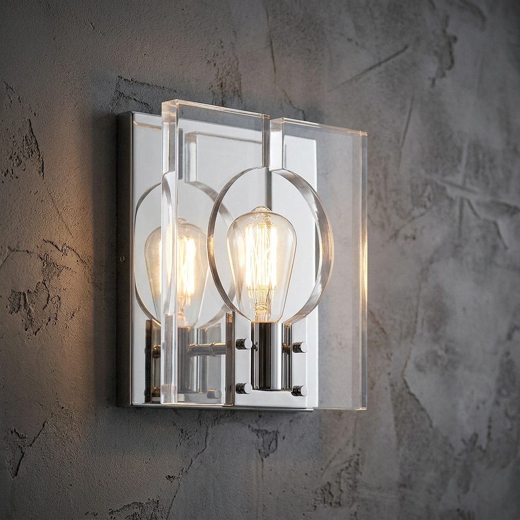 Ludlow polished nickel wall light with clear acrylic panels and Edison bulb on a textured grey wall.