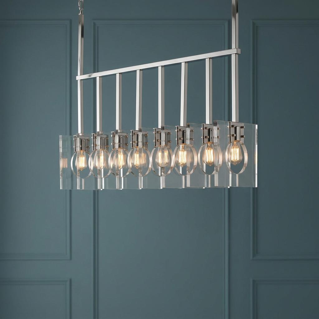 Ludlow 8-light polished nickel pendant with clear glass panels and glowing bulbs against a blue paneled wall.