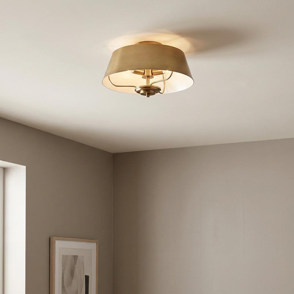 A brass three-light flush mount ceiling fixture with a tapered metal shade in a neutral-toned room.