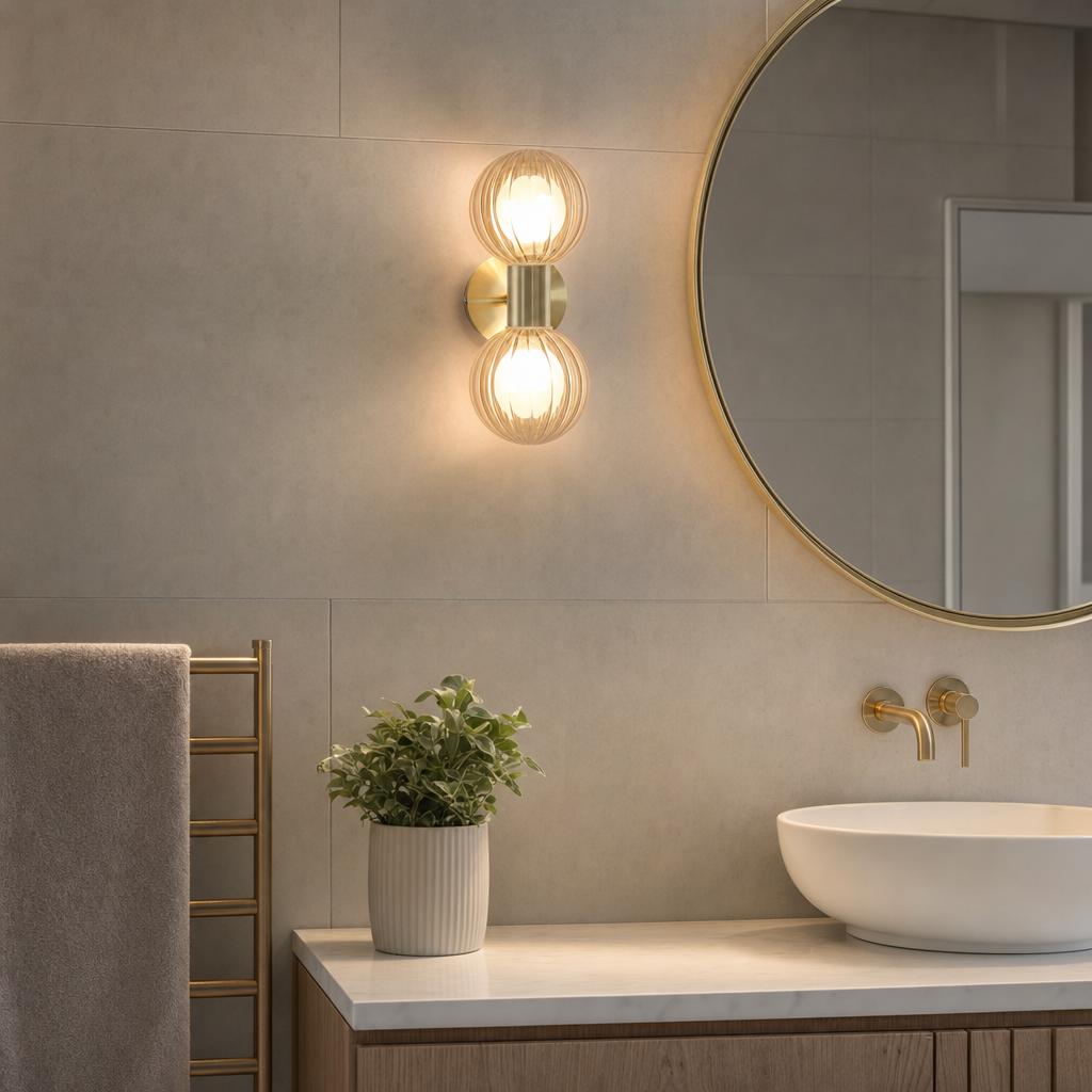 Dual-globe brass wall light with ribbed glass shades mounted on a tiled bathroom wall next to a round gold mirror.