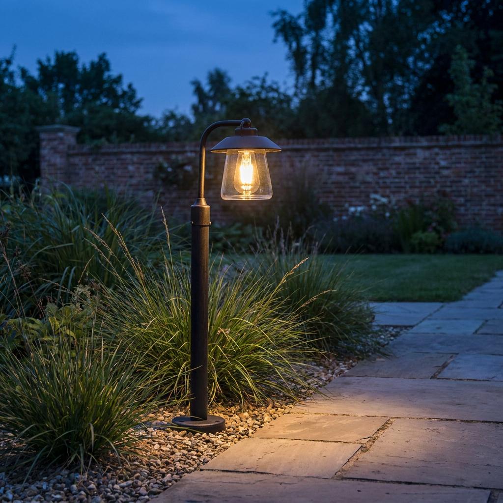 Lutec Cate outdoor bollard light in black, glowing warmly at twilight beside a stone pathway and garden shrubbery.