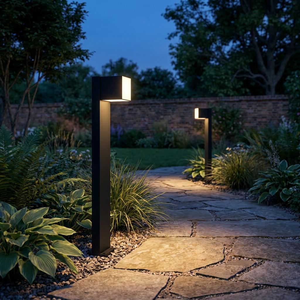 Lutec Cuba black bollard light illuminating a stone garden path with warm LED light at dusk.