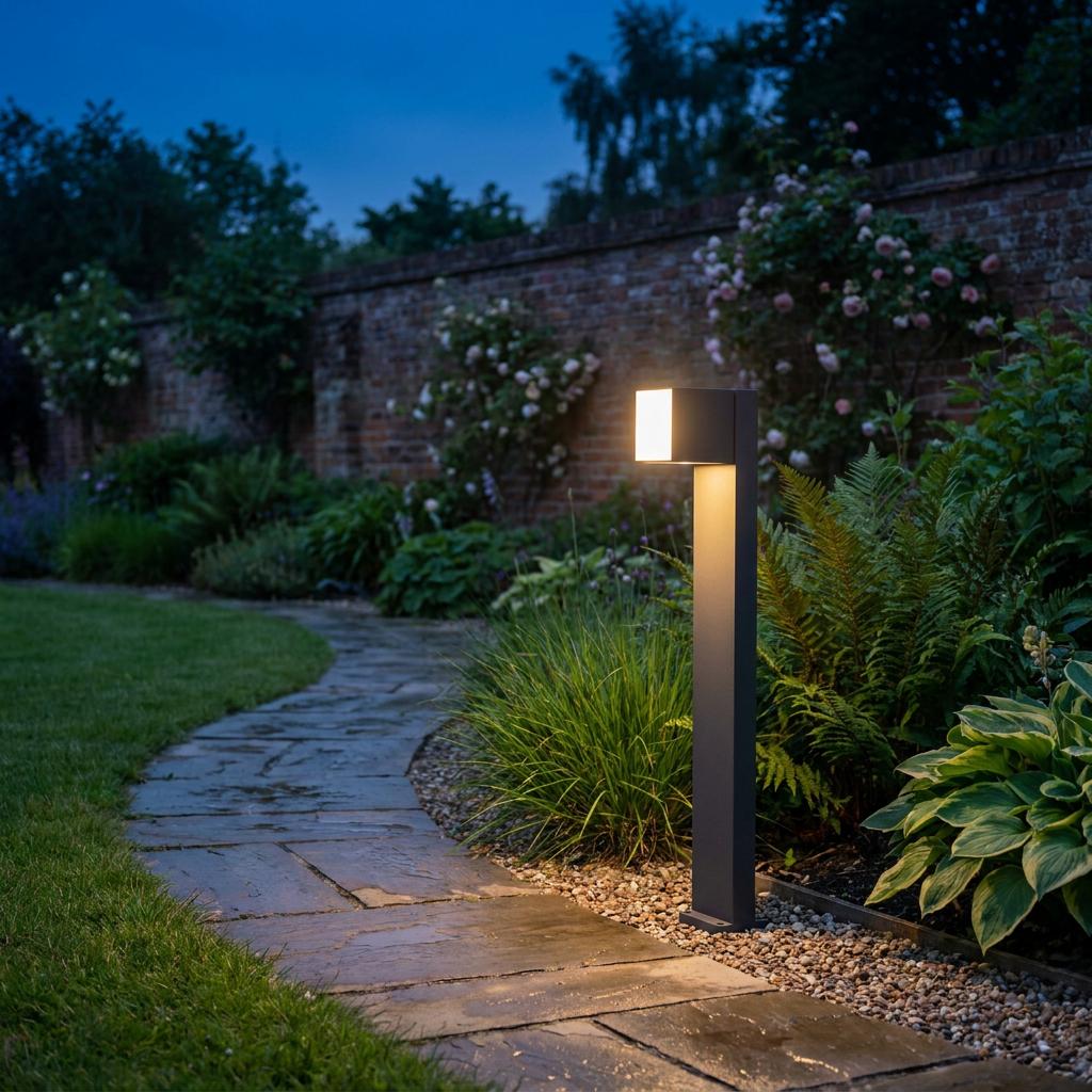 Lutec Cuba grey LED bollard light with an adjustable head illuminating a garden path at dusk.