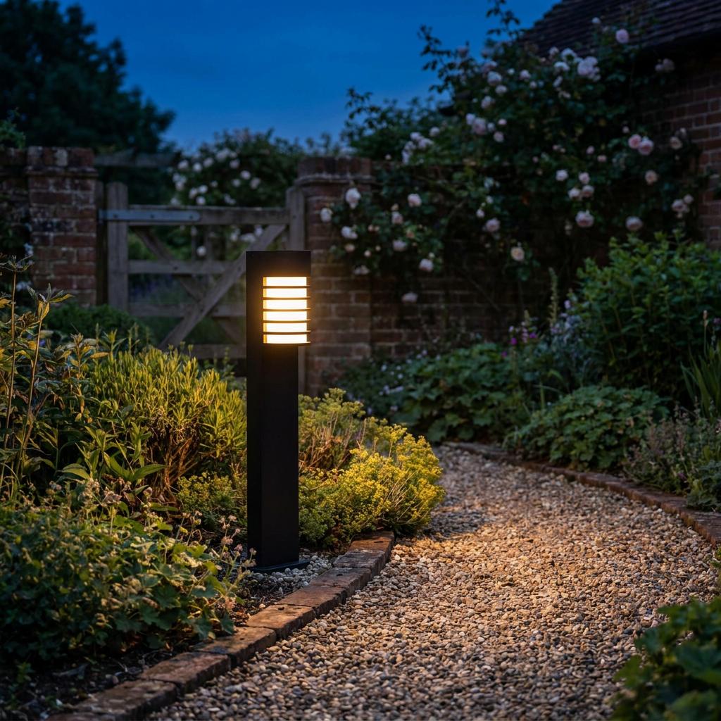 Black Lutec Fulton outdoor bollard light illuminating a gravel garden path at twilight.