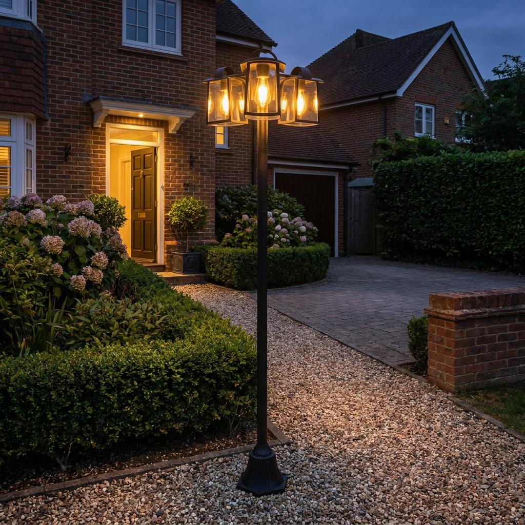 Matt black three-light outdoor lamp post illuminating a gravel driveway and brick house entrance at twilight.