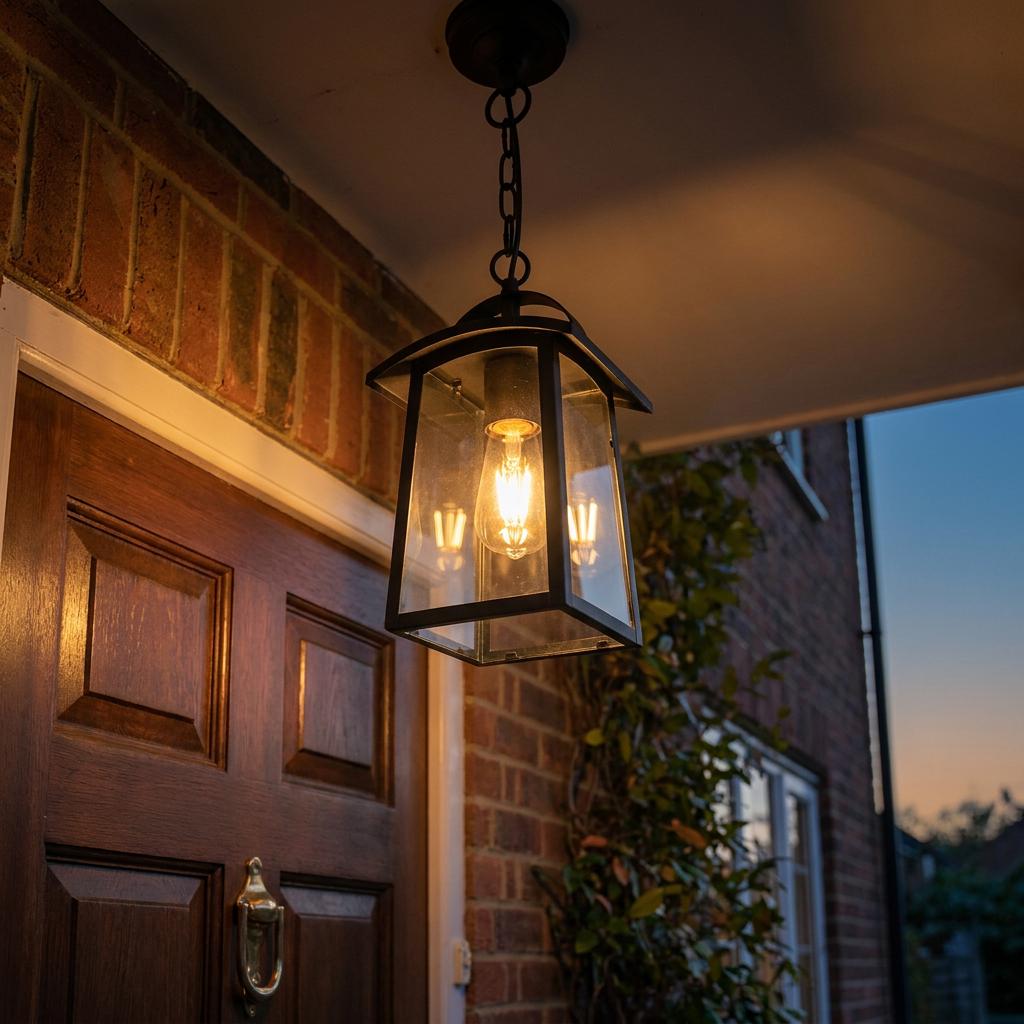 Black lantern-style pendant light with a warm glowing bulb hanging from a porch ceiling next to a wooden door.