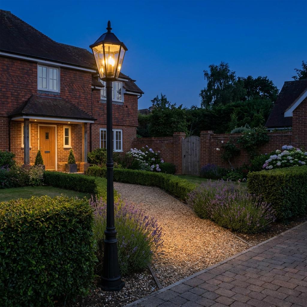 Black lantern-style solar lamp post lighting a gravel garden path outside a brick house at dusk.