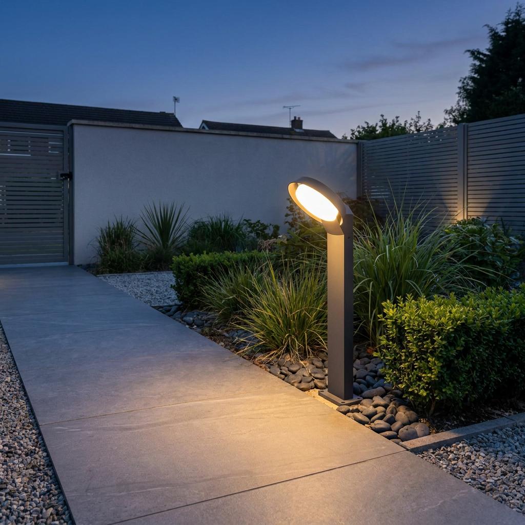 A grey outdoor LED bollard light illuminating a modern stone garden path at dusk.