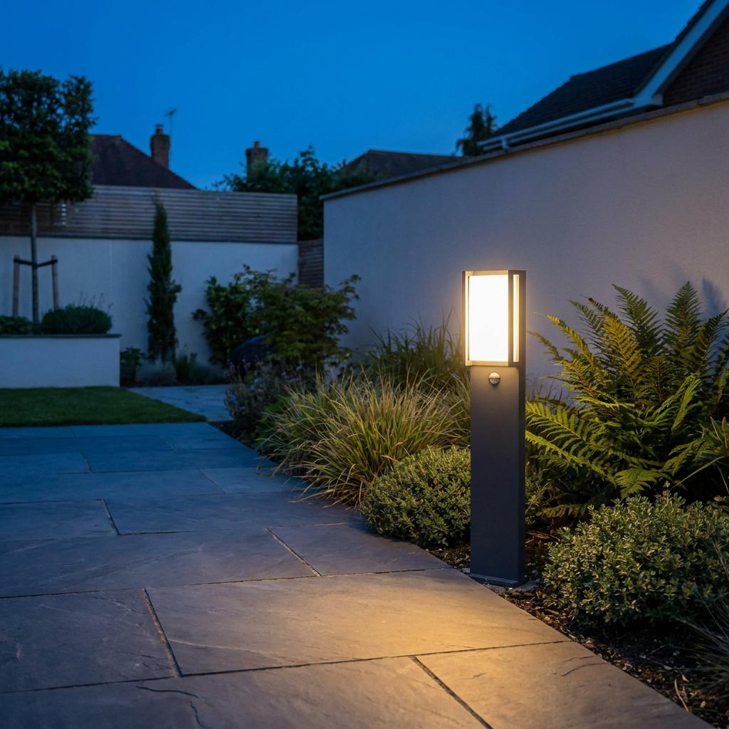 Dark grey Lutec Qubo bollard light with a PIR sensor illuminating a stone garden path at dusk.