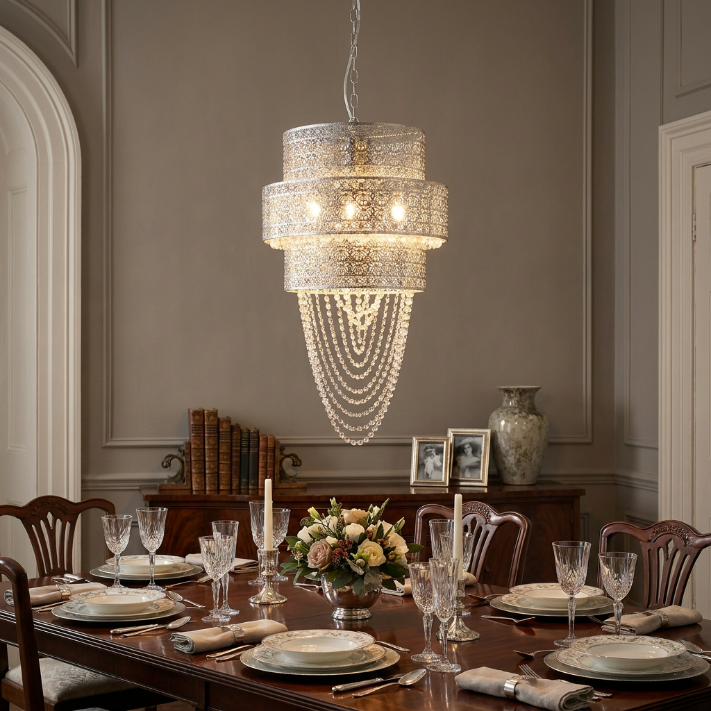 Ornate tiered chrome filigree pendant with draped crystals hanging over an elegantly set formal dining table.