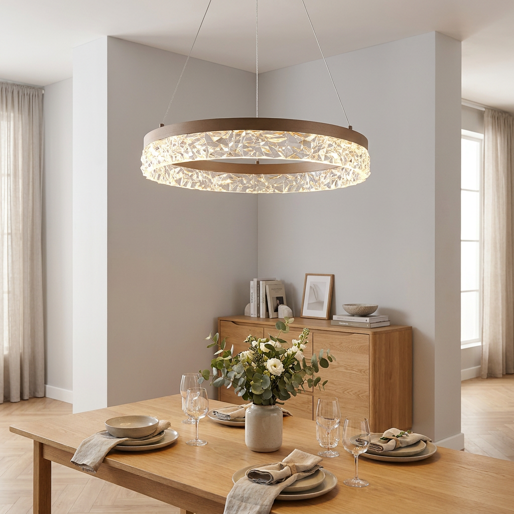 A round latte metal LED pendant with a textured crystal ring hangs over a minimalist dining table.