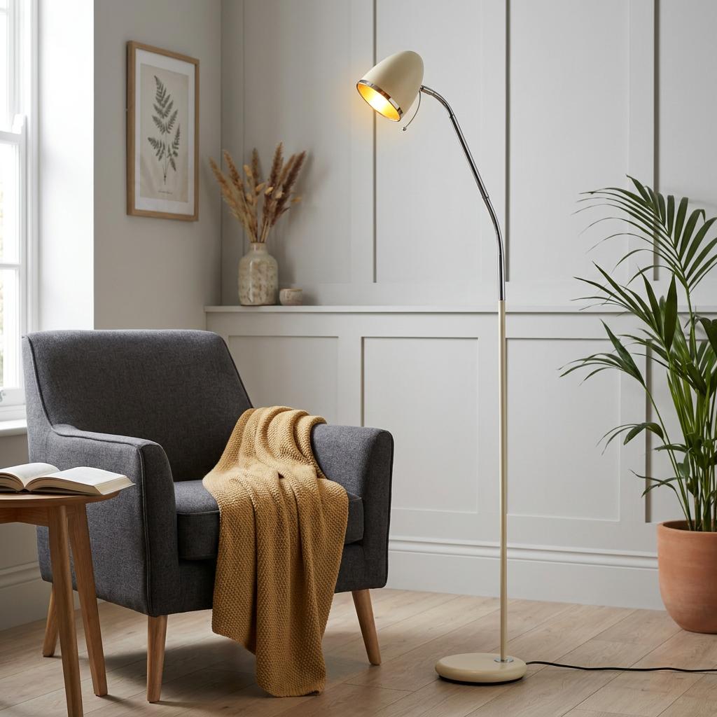 Madison cream floor lamp with a curved chrome arm illuminates a cozy reading nook with a grey armchair.