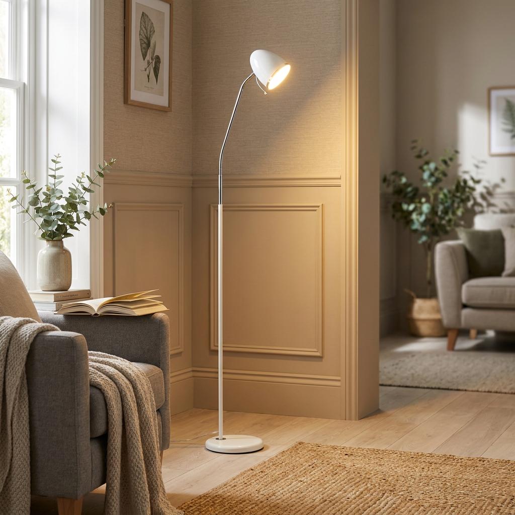 White floor lamp with an adjustable chrome neck casting a warm glow in a cozy, neutral living room.