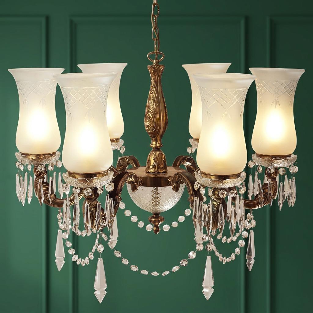 Maharaja 6-light brass chandelier with frosted glass shades and hanging crystal droplets against a green wall.