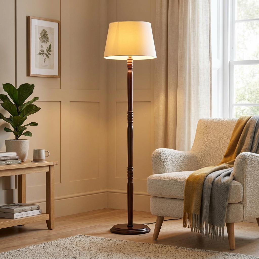 Mahogany finish wooden floor lamp with a cream shade standing beside a cozy armchair in a neutral living room.