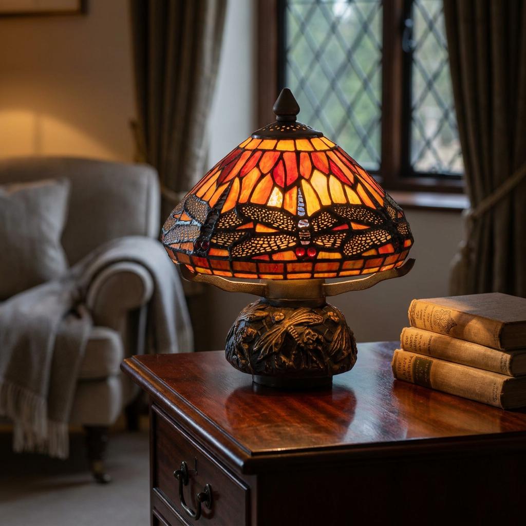 A Maidstone Dragonfly Tiffany lamp with a warm orange shade sits on a wooden side table next to stacked books.