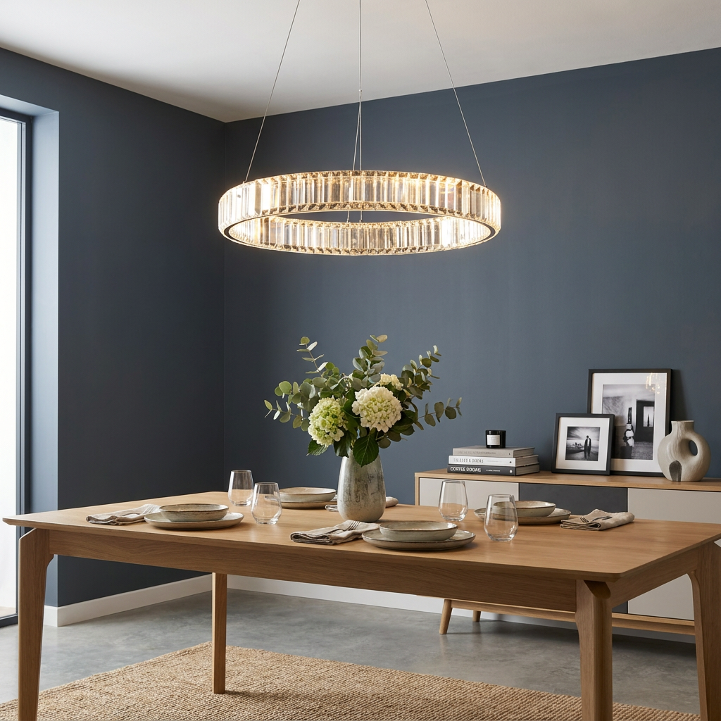 Crystal LED ring pendant light glowing above a wooden dining table in a contemporary room with dark blue walls.