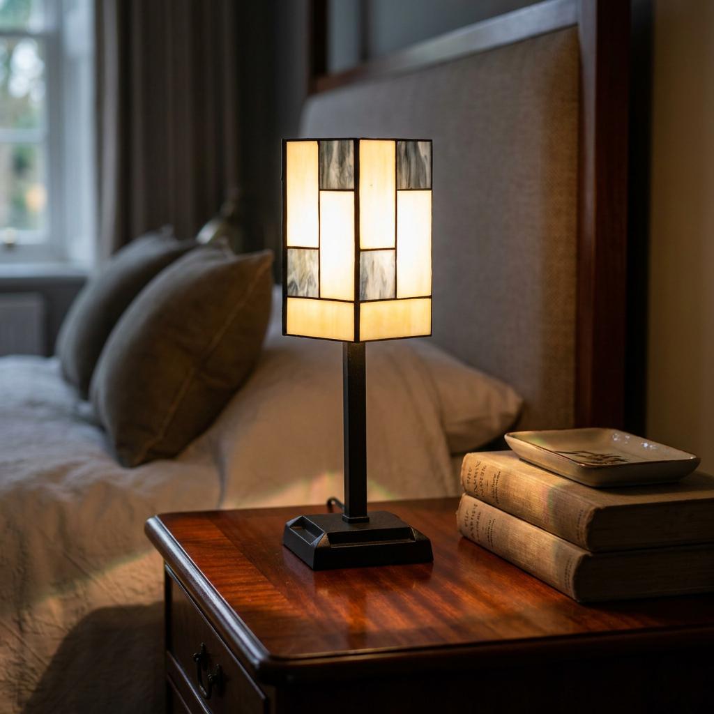 Rectangular Tiffany table lamp with a geometric white and grey glass shade on a wooden bedside table.