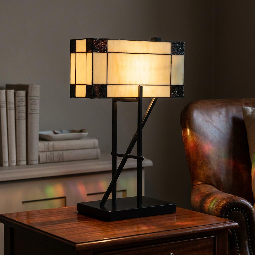 Rectangular Tiffany table lamp with geometric cream glass panels on a wooden side table next to a leather chair.