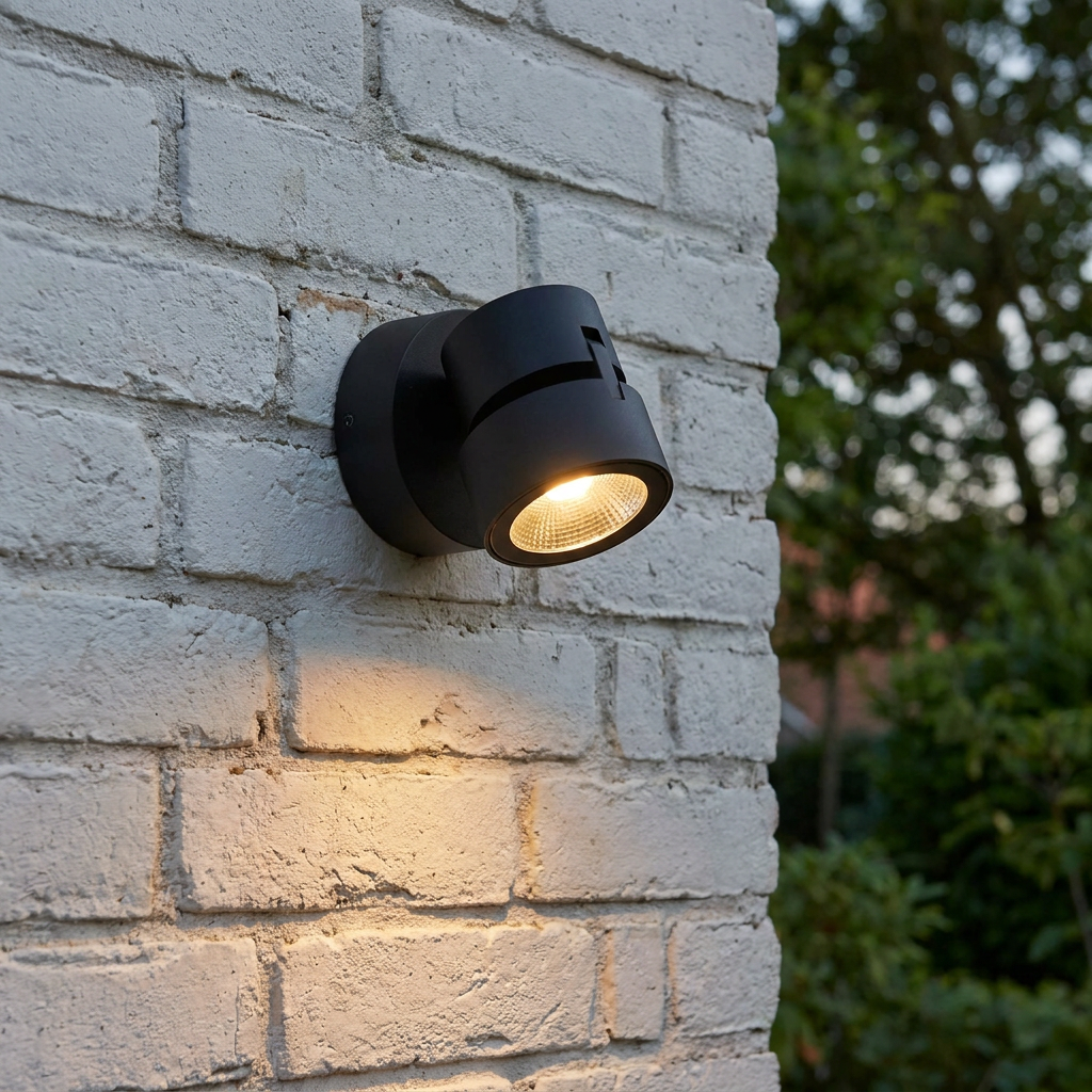 A matt black LED wall light illuminates a white brick wall with a warm, downward spotlight glow.