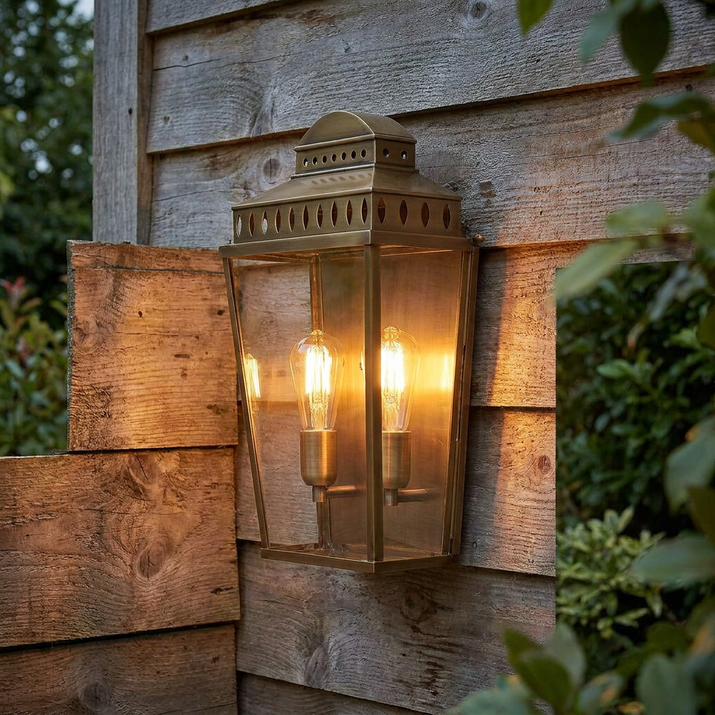 Traditional brass lantern wall light with two glowing bulbs mounted on a rustic wooden exterior wall.