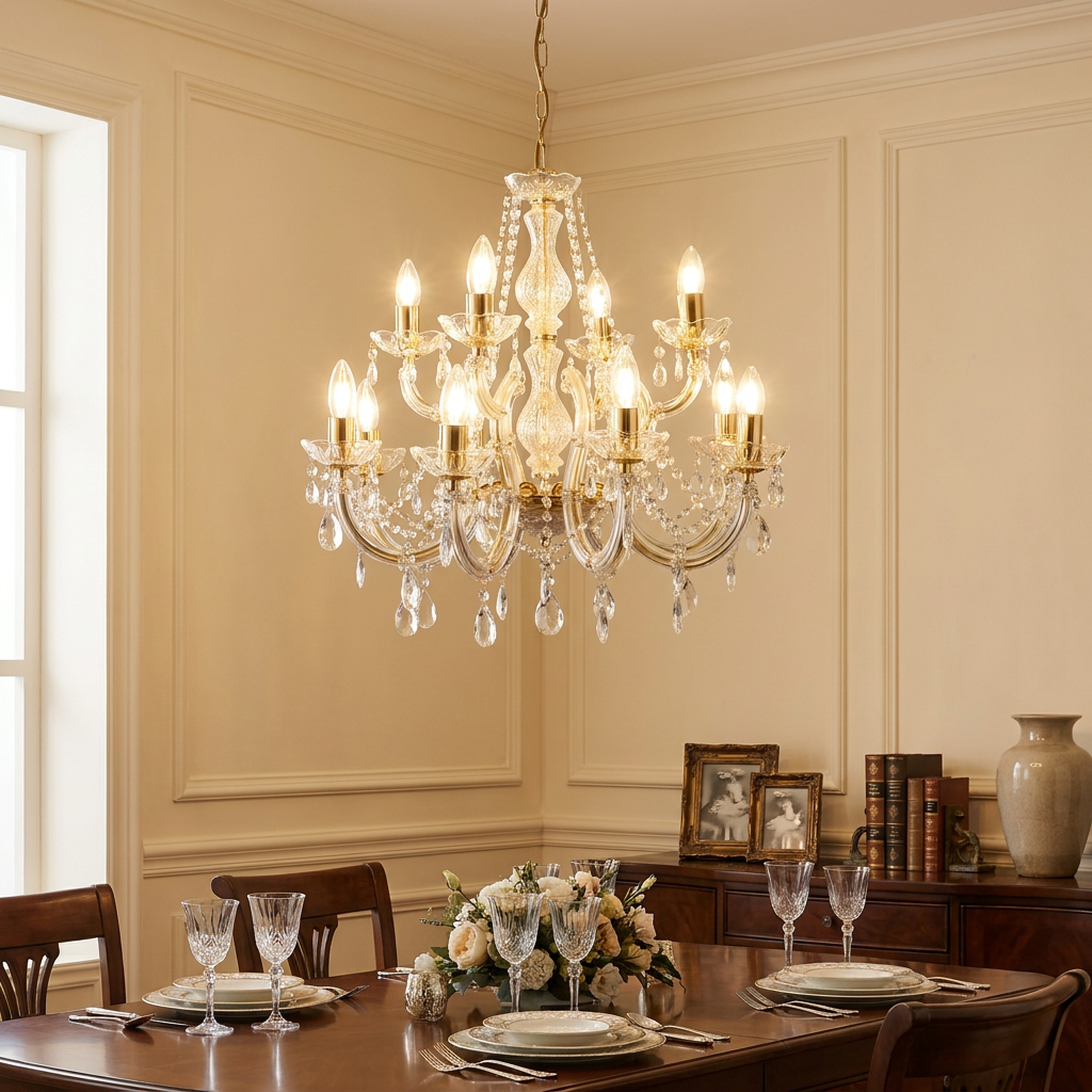 Elegant 12-light Marie Therese brass and crystal chandelier hanging above a classic dining table.