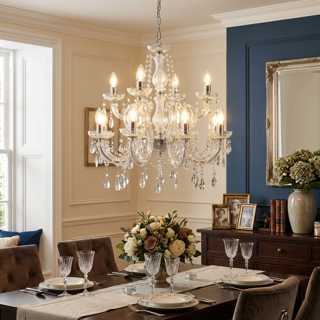 Marie Therese 12-light crystal chandelier hanging above an elegantly set dining table in a classic room.