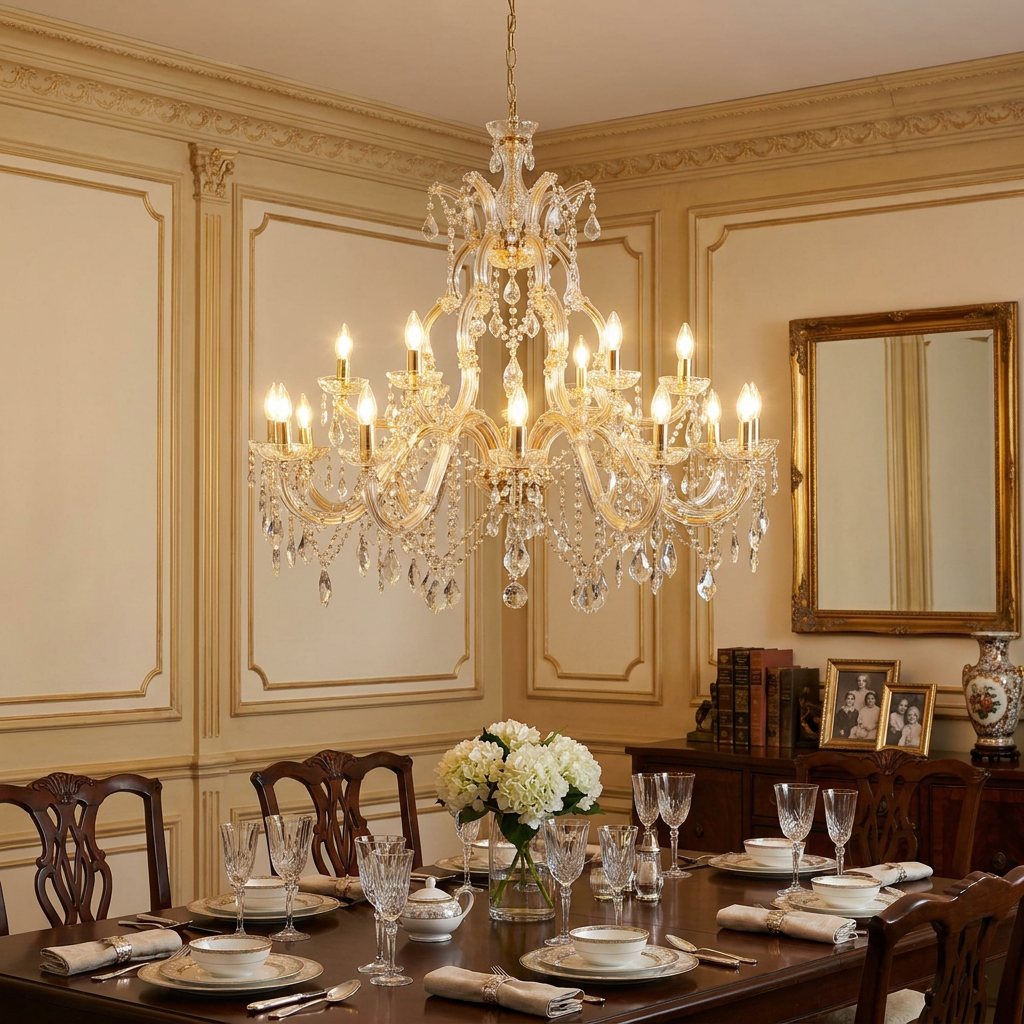 Elegant 18-light Marie Therese brass and crystal chandelier illuminating a formal dining table with paneled walls.