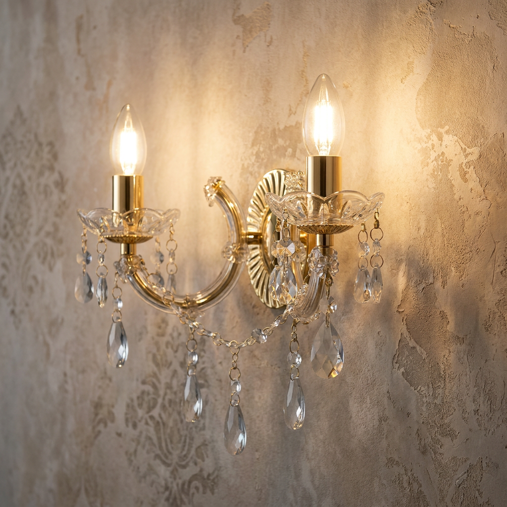 Marie Therese 2 Light Brass & Crystal Glass Wall Light-warehouse-091026