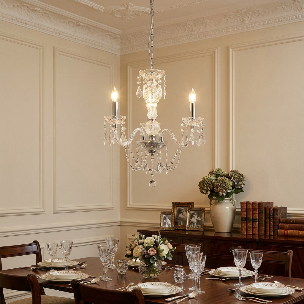 A lit Marie Therese 3 light acrylic chandelier hanging over a formal wooden dining room table set with crystal and china.