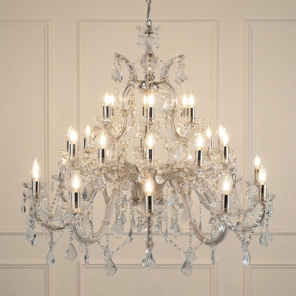 Ornate 30-light Marie Therese chandelier with clear crystal glass and chrome finishes against a paneled wall.