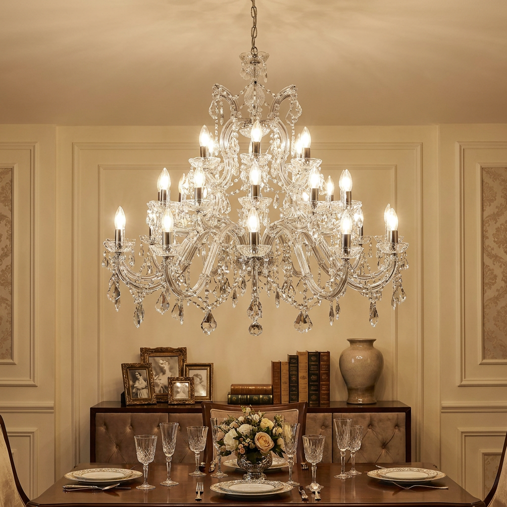 Marie Therese 30-light crystal chandelier hanging above an elegantly set formal dining table.