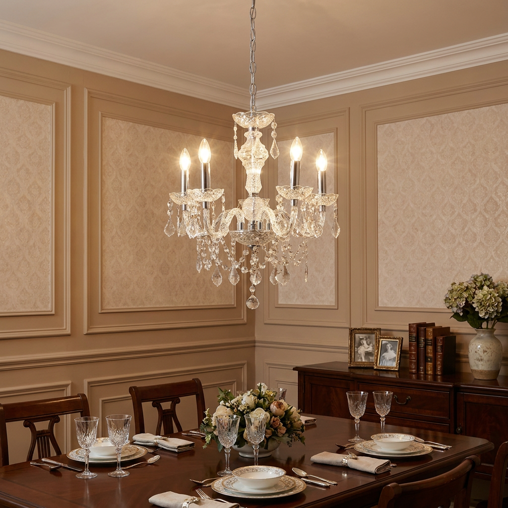 Marie Therese 5-light acrylic chandelier with crystal droplets hanging in a formal, paneled dining room.