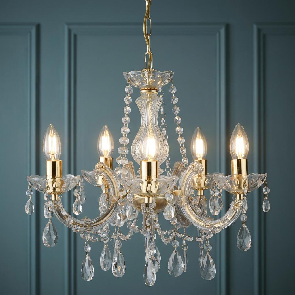 Marie Therese 5-light chandelier in polished brass and crystal glass against a dark teal paneled wall.