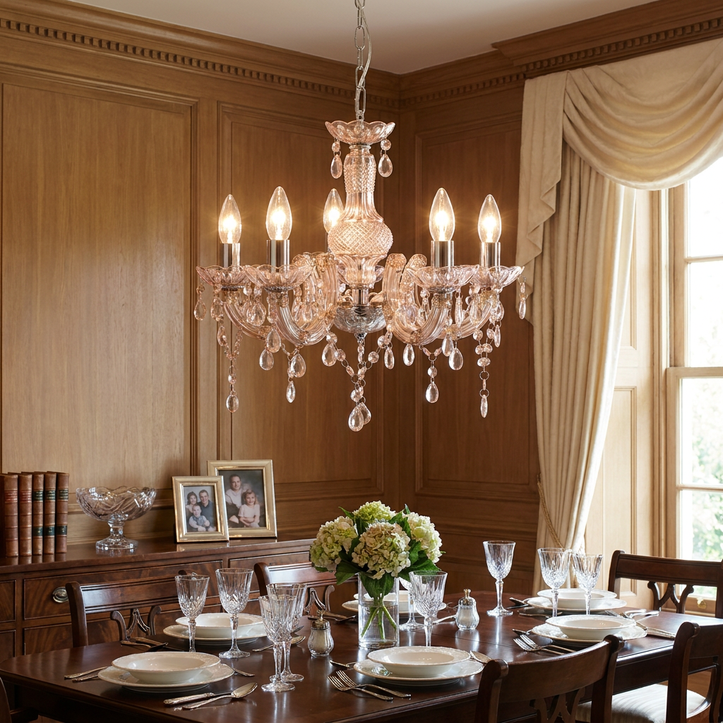 Marie Therese 5-light mink glass chandelier with hanging crystals illuminates a formal dining room with wood paneling.