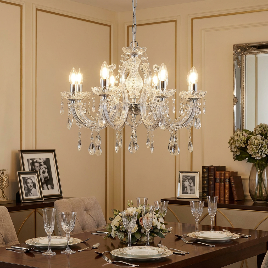 Marie Therese 8-light crystal chandelier illuminates an elegantly set dining table in a classic room.