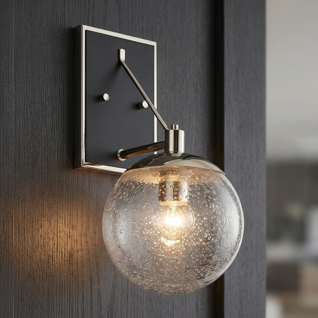 Marilyn 1 light polished nickel wall light with a seeded glass globe mounted on a dark wood wall.
