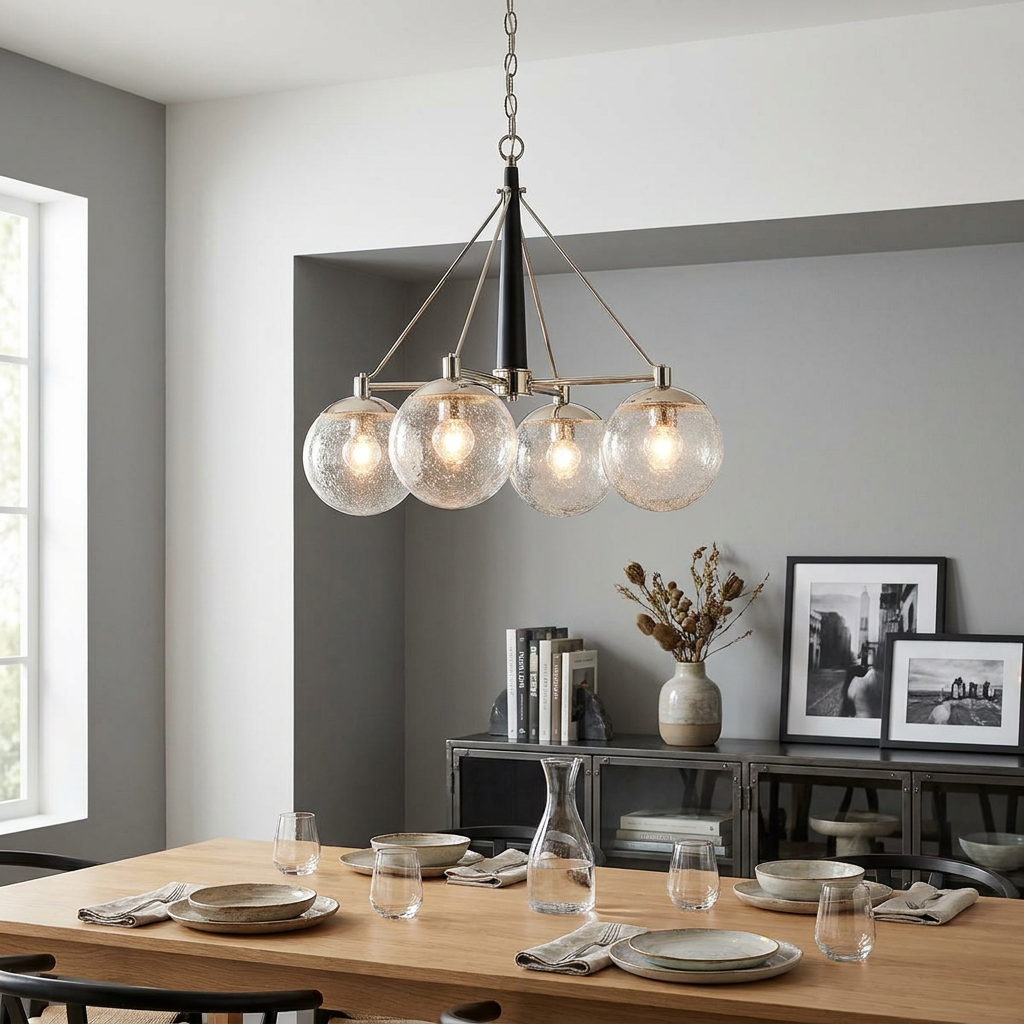 Marilyn 4-light polished nickel chandelier with seeded glass globes hanging over a modern dining table.