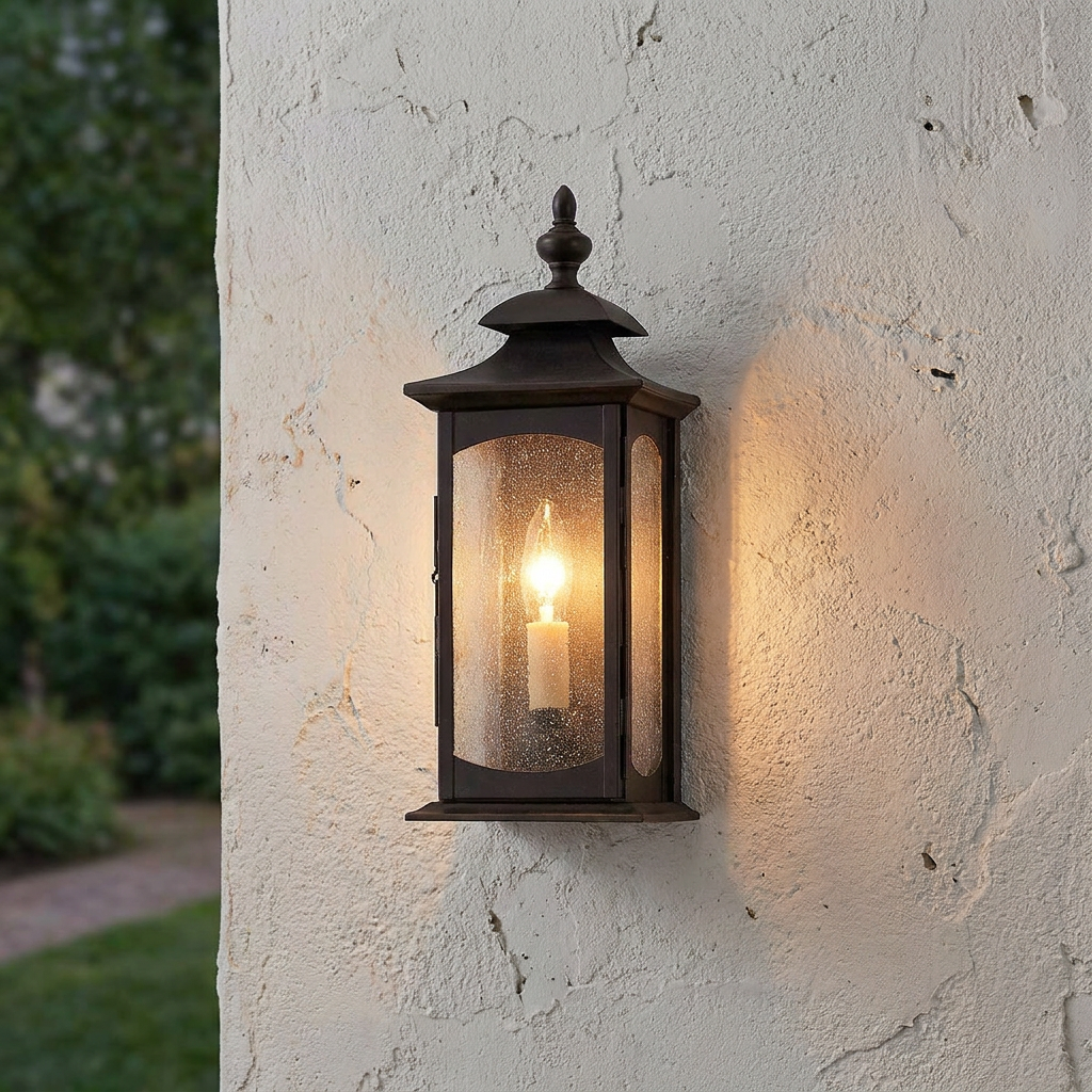 Market Square outdoor wall light with bronze finish and seeded glass, lit on a textured white exterior wall.