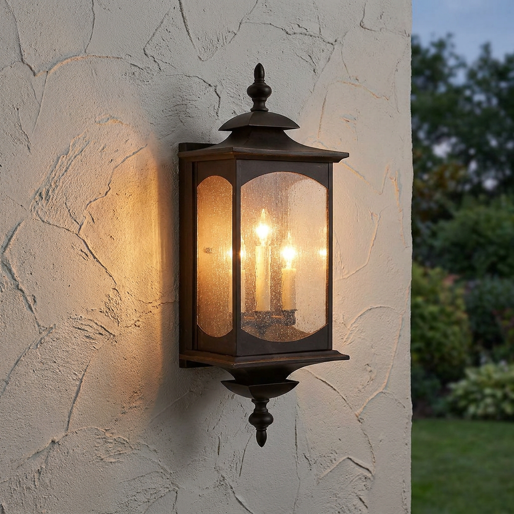 Traditional bronze outdoor lantern with seeded glass and three lit candle bulbs mounted on a textured stucco wall.