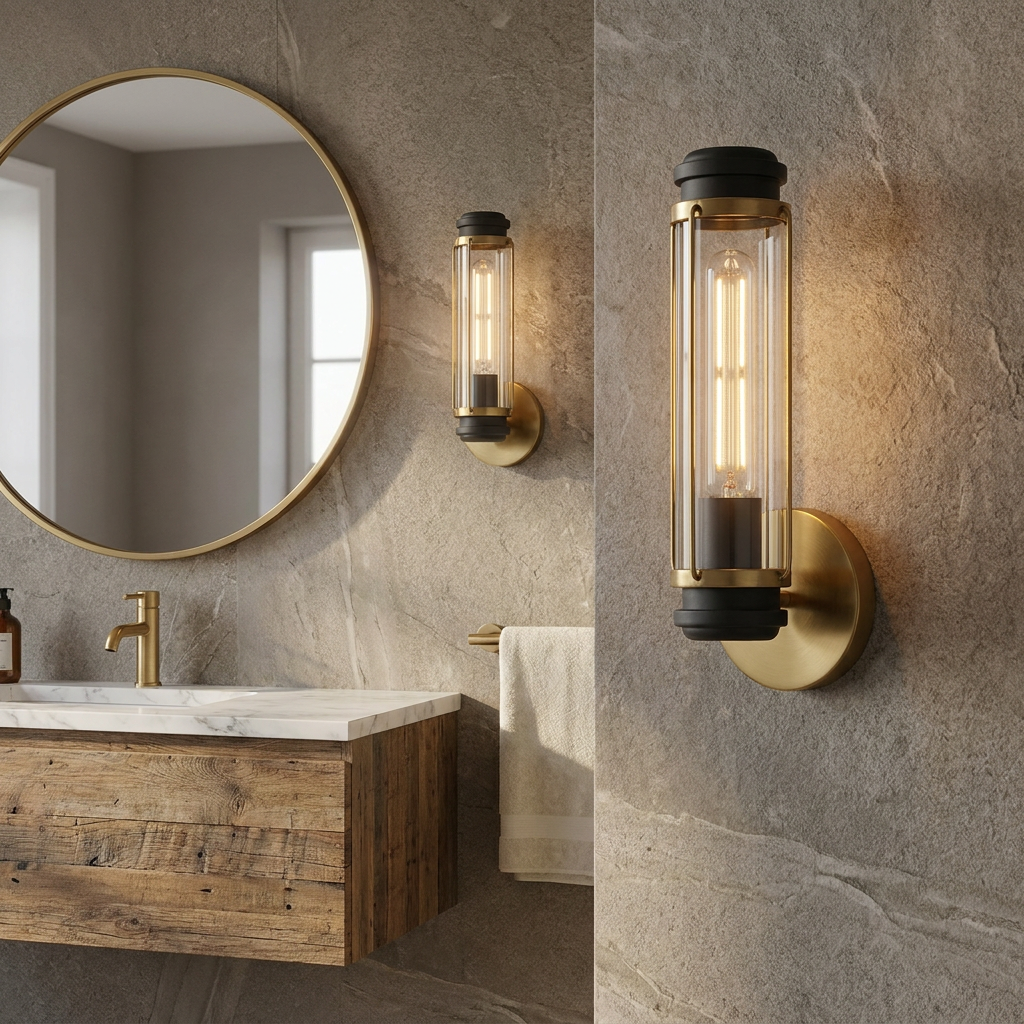Cylindrical brass and black wall sconces with filament bulbs mounted on a stone bathroom wall.
